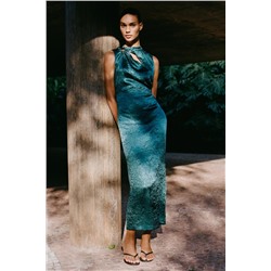 GOLD APPLIQUÉ SATIN MIDI DRESS