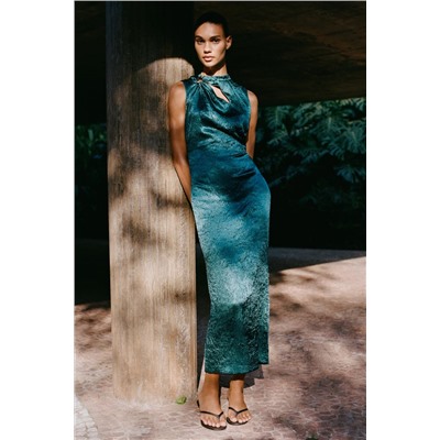 GOLD APPLIQUÉ SATIN MIDI DRESS