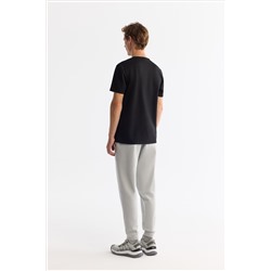 Siyah Bisiklet Yaka Baskılı Elastan T-Shirt