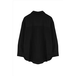 Siyah Loose Fit Pamuklu Uzun Kol Büyük Beden Dokuma Gömlek TBBSS22GO0323
