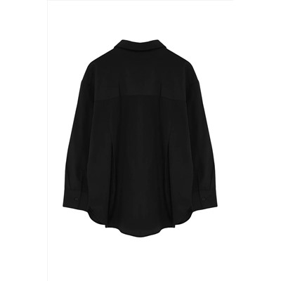 Siyah Loose Fit Pamuklu Uzun Kol Büyük Beden Dokuma Gömlek TBBSS22GO0323
