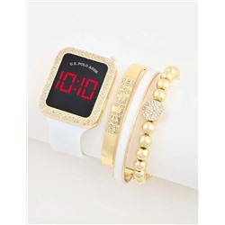 LADIES LED SQUARE EMBELLISHED WATCH & BRACELETS SET