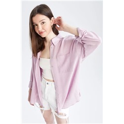 Defacto Oversize Fit Gömlek Yaka Keten Görünümlü Uzun Kollu Gömlek X2232AZ22SM