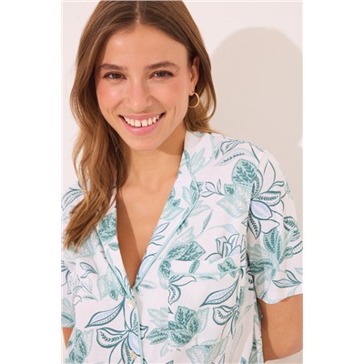 Pijama largo camisero 100% algodón flores verdes