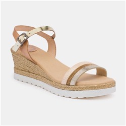 Sandalia De Piel Efecto Crapeado Camel Y Dorado Cuña: 6,5 cm