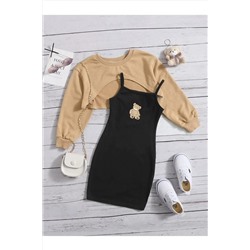 DLRboutique Ayıcık Baskı Elbise & Crop Sweat Kombin 130