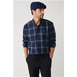Avva Erkek Lacivert Düğmeli Yaka Ekose Desenli Flanel Overshirt Fit Gömlek A32Y2059