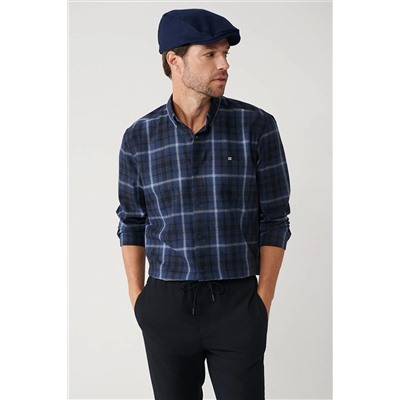 Avva Erkek Lacivert Düğmeli Yaka Ekose Desenli Flanel Overshirt Fit Gömlek A32Y2059