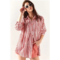 Olalook Kadın Turuncu Asimetrik Çizgili Oversize Gömlek GML-19001123