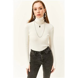Olalook Kadın Ekru Balıkçı Yaka Parmak Detaylı Likralı Bluz BLZ-19001644