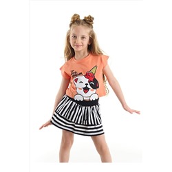 Denokids Upps Kedili Kız Çocuk Crop Top T-Shirt Çizgili Etek Takım CFF-22Y1-095