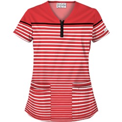 UA Sassy Stripes Poppy Y-Neck Print Scrub Top
