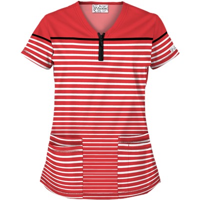 UA Sassy Stripes Poppy Y-Neck Print Scrub Top