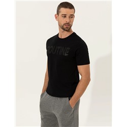 Siyah Slim Fit Baskılı Bisiklet Yaka Tişört