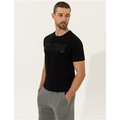 Siyah Slim Fit Baskılı Bisiklet Yaka Tişört