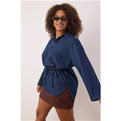 Koyu Mavi Oversize/Bol Kesim Denim Büyük Beden Gömlek TBBAW26AX00003