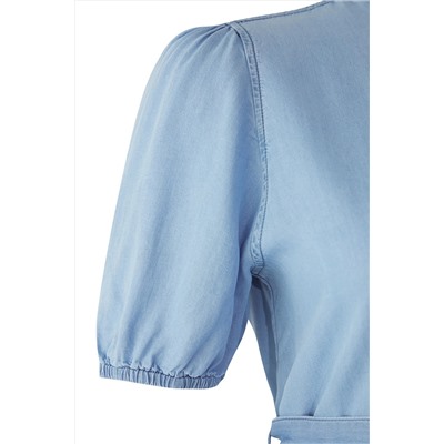 Mavi Bisiklet Yaka Balon Kol Tencel Denim Büyük Beden Elbise TBBSS25AH00090