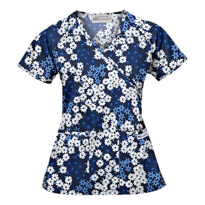 UA Vibrant Blossoms Navy Mock Wrap Scrub Top