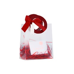 [EVEEPACK] Подарочный пакет PP, прозрачный матовый, бордовая ручка экокожа + бордовая лента и рафия + бирка и открытка 20x22,5x10см, 1 шт