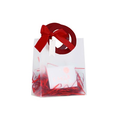 [EVEEPACK] Подарочный пакет PP, прозрачный матовый, бордовая ручка экокожа + бордовая лента и рафия + бирка и открытка 20x22,5x10см, 1 шт