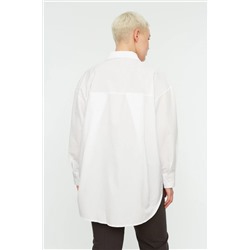 Beyaz Loose Fit Pamuklu Uzun Kol Büyük Beden Dokuma Gömlek TBBSS22GO0323