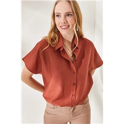 Olalook, Kadın Kiremit Yarasa Oversize Keten Gömlek GML-19001109