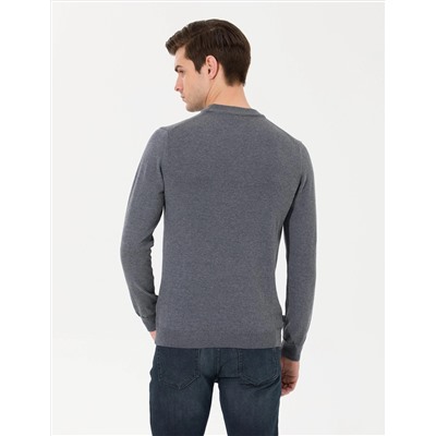 Antrasit Melanj Slim Fit Çeyrek Yaka Basic Triko Kazak