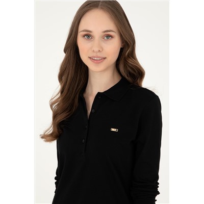 Kadın Siyah Basic Polo Yaka Sweatshirt