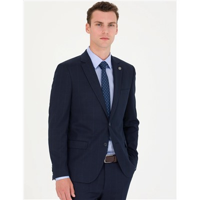 Ekose Lacivert Ekstra Slim Fit Takım Elbise