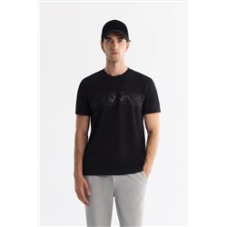 Siyah Bisiklet Yaka İnterlok Elastan T-Shirt