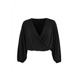Siyah Balon Kol Kruvaze Yaka Örme Crop Bluz TBBAW23AF00029