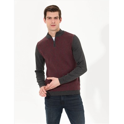 Gri Melanj Slim Fit Fermuarlı Dik Yaka Triko Kazak