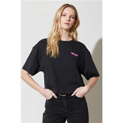 Wrangler Loose Fit Rahat Kesim %100 Pamuk Bisiklet Yaka Crop Siyah Tişört W7S2EE