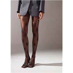 Halbtransparente Strumpfhose 40 Denier mit barockem Blumenmotiv