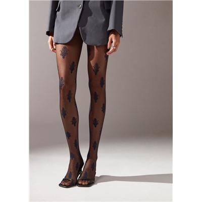 Halbtransparente Strumpfhose 40 Denier mit barockem Blumenmotiv