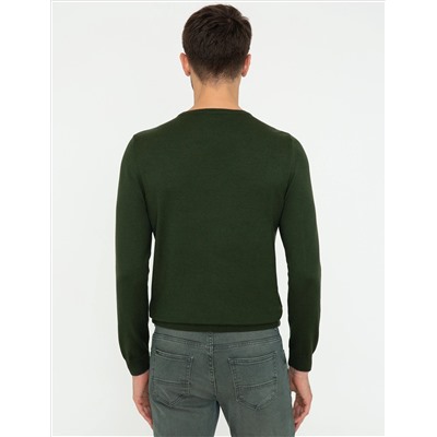 Yeşil Slim Fit Bisiklet Yaka Basic Triko Kazak