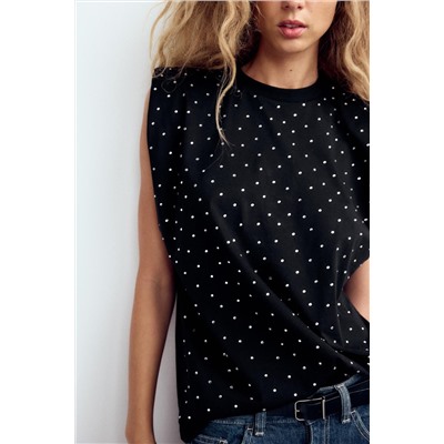 T-SHIRT WITH PADDED SHOULDERS AND RHINESTONES
