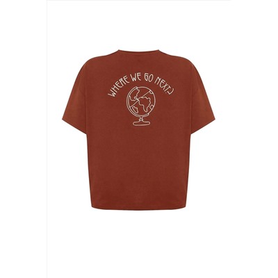 Kahverengi %100 Pamuk Sırt Baskılı Rahat Kesim Bisiklet Yaka Örme T-Shirt TBBSS24BF00025