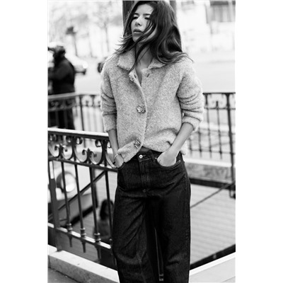 FAUX FUR KNIT JACKET WITH FLOWER BUTTONS
