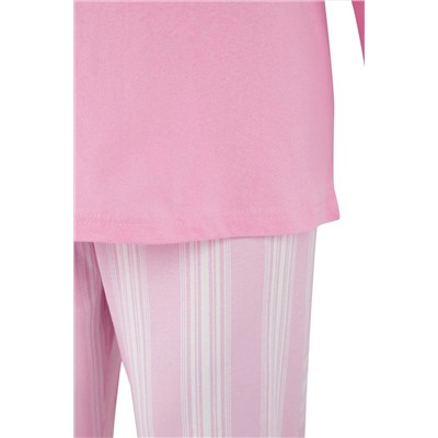 Pembe %100 Pamuklu Çizgili Örme Büyük Beden Pijama Takımı TBBAW26AI00014