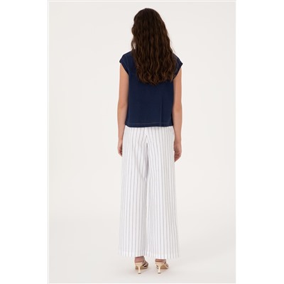 Kadın Beyaz Çizgili Loose Fit Kanvas Pantolon
