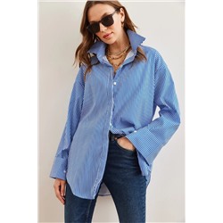 Olalook Kadın Çizgili Mavi Gizli Patlı Poplin Gömlek GML-19000867