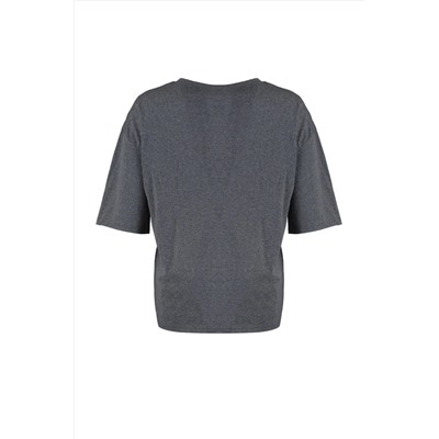 Antrasit Geniş Kalıp Nakış Detaylı Örme Büyük Beden T-Shirt TBBSS22BF00002
