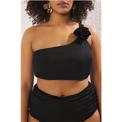Siyah Tek Omuz Gül Aksesuar Detaylı Büyük Beden Bikini Üstü TBBSS25CT00010