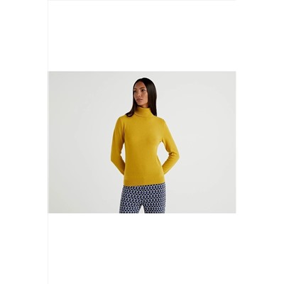 United Colors of Benetton Benetton Kadın Sarı Yeşil Dik Yaka Merino Kazak 122A1002D2348-32W