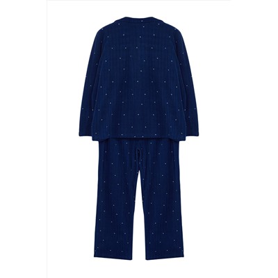 Lacivert Puantiyeli Gömlek Yaka Örme Pijama Takımı TBBAW25AI00035