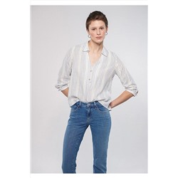 Mavi Keten Karışımlı Çizgili Beyaz Bluz 122400-80767