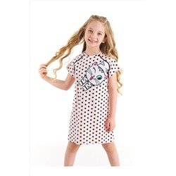Denokids Beyaz Kedi Kız Çocuk Puantiye Pembe Elbise CFF-22Y2-001