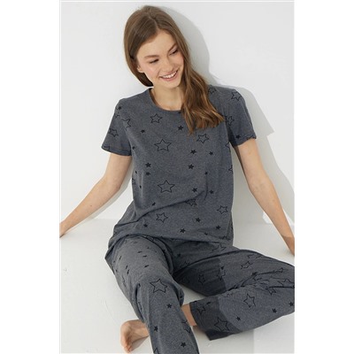 Siyah İnci Antrasit Kısa Kollu Pamuklu Pijama Takımı 7612