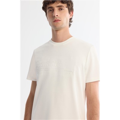 Ekru Bisiklet Yaka Gofreli Elastan T-Shirt